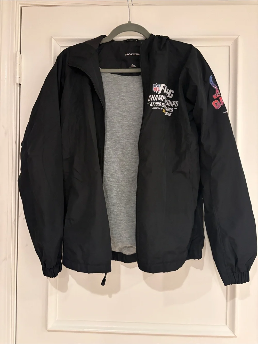 Sport-Tek Black Hooded Kids Rain Jacket with NFL Flag Championship Graphics